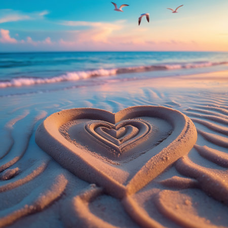 Moist showing heart shape drawn in sand on a beach at sunset with seagulls flying keywords: heart, sand, beach, sunset, ocean, sea, waves, seagulls, sky, clouds, nature, love, romance, summer, vacation, travel, shore, coastline, water, sandcastle, drawing, imprint, carved, sculpted, symbol, romantic, serene, peaceful, beautiful, golden hour, twilight, evening, horizon, seascape, coastal, outdoor, natural, paradise, idyllic, tranquil, warm light description: a heart shape is intricately...の素材