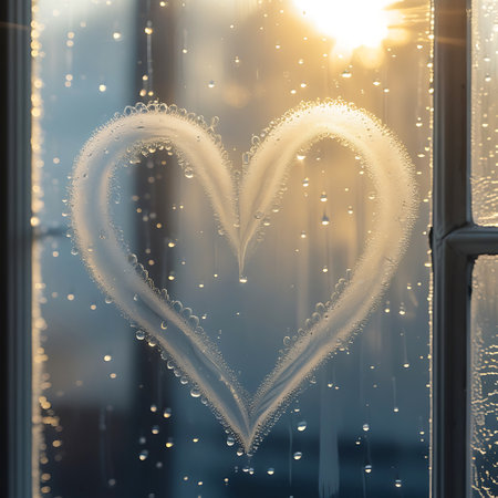 A heart shape is meticulously drawn in the condensation on a window. Numerous water droplets of varying sizes are scattered across the glass, with some forming streaks. Golden sunlight illuminates the scene from the upper right, casting a warm, ethereal glow and creating a soft lens flare. The background is blurred, suggesting an outdoor view.の素材
