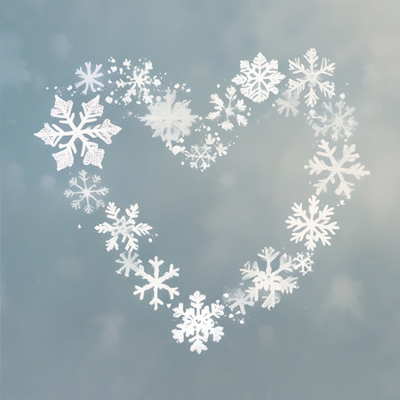 A heart shape is clearly outlined by a collection of white, intricate snowflakes. The snowflakes vary in size and detail, creating a delicate border against a soft, cloudy blue-grey sky. The image has a clean, graphic feel, suitable for winter-themed designs.の素材