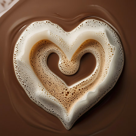 A heart shape is clearly defined by the creamy white foam of a coffee drink. The foam has a textured surface with small bubbles. This heart shape sits within a swirling pool of rich, dark brown liquid, likely chocolate or coffee. The overall impression is one of warmth, indulgence, and a sweet, artistic presentation.の素材