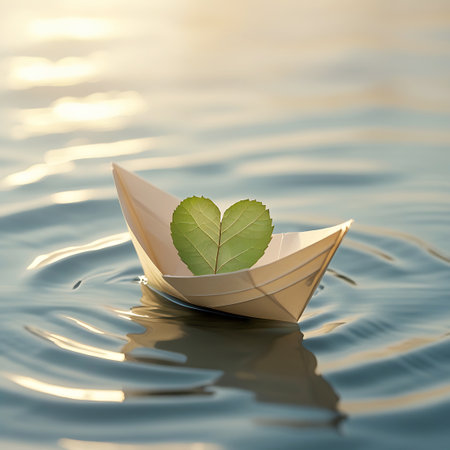 Surface. showing heart leaf in paper boat on calm water keywords: paper boat, origami, boat, papercraft, leaf, heart shape, nature, water, ripple, reflection, sunlight, golden hour, serene, peaceful, journey, travel, simple, delicate, floating, calm, tranquil, outdoor, macro, close-up, green, yellow, light, shadow, wet, liquid, surface, gentle, soft focus, bokeh, bright, warm, summer, spring, symbol, love, hope description: a minimalist composition featuring a white paper boat sailing on...の素材