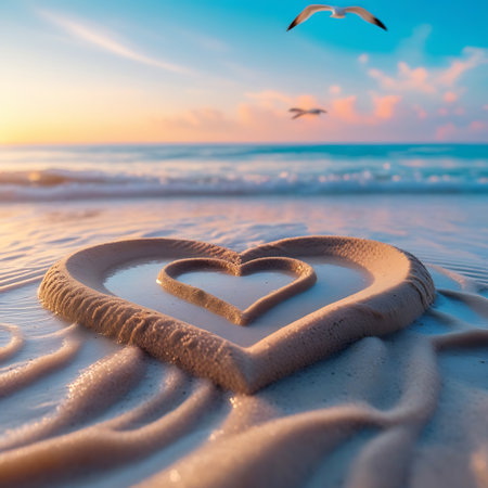 Moist showing heart shape in sand with water filling it at sunset with seagulls flying keywords: heart, sand, beach, sunset, ocean, sea, waves, water, filling, seagulls, sky, clouds, nature, love, romance, summer, vacation, travel, shore, coastline, imprint, carved, symbol, romantic, serene, peaceful, beautiful, golden hour, twilight, evening, horizon, seascape, coastal, outdoor, natural, paradise, idyllic, tranquil, warm light, incoming tide description: a heart shape carved into the sand...の素材