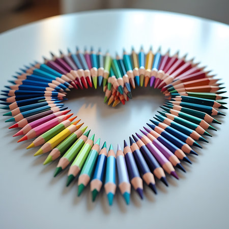 A heart shape is constructed from numerous colored pencils laid out on a white surface. The pencils are arranged in a curved, organic pattern, with their pointed tips facing inwards towards the center of the heart. A wide array of colors is visible, creating a vibrant and visually appealing design. The lighting creates subtle shadows.の素材