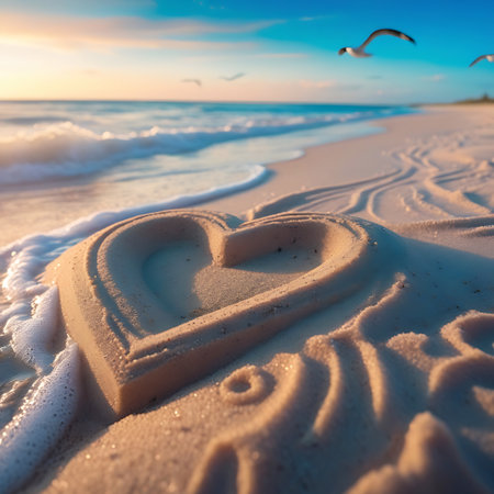 Moist showing heart shape in sand with foam at sunset with seagulls and waves keywords: heart, sand, beach, sunset, ocean, sea, waves, foam, surf, seagulls, sky, clouds, nature, love, romance, summer, vacation, travel, shore, coastline, water, imprint, carved, symbol, romantic, serene, peaceful, beautiful, golden hour, twilight, evening, horizon, seascape, coastal, outdoor, natural, paradise, idyllic, tranquil, warm light, incoming tide description: a heart shape is carved into the wet sand...の素材