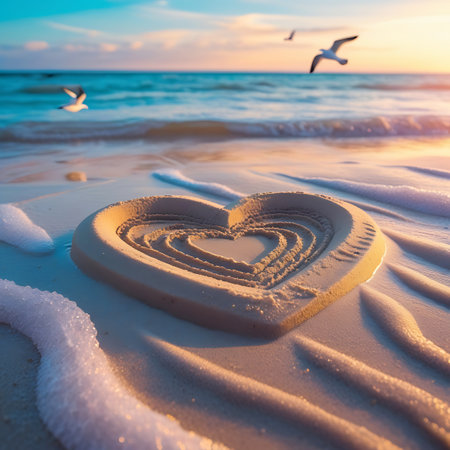 Moist showing heart shape in sand with incoming wave and foam at sunset with seagulls keywords: heart, sand, beach, sunset, ocean, sea, waves, foam, surf, seagulls, sky, clouds, nature, love, romance, summer, vacation, travel, shore, coastline, water, imprint, carved, symbol, romantic, serene, peaceful, beautiful, golden hour, twilight, evening, horizon, seascape, coastal, outdoor, natural, paradise, idyllic, tranquil, warm light, incoming tide description: a heart shape is etched into the...の素材