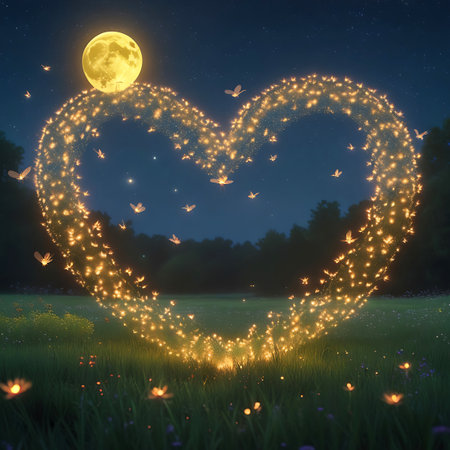 A large heart shape formed by numerous small, glowing lights, resembling fireflies, floats in a grassy field at night. A bright, full moon hangs in the dark, star-filled sky above the heart. Trees form a dark silhouette in the background. The ground is covered in grass and scattered with small, glowing flowers.の素材