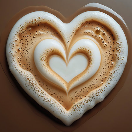 A close-up, top-down view of a heart-shaped latte art design. The creamy white foam is intricately shaped into a double heart, surrounded by a layer of coffee with small, delicate bubbles. The rich brown liquid of the coffee forms the outer edge of the heart shape.の素材