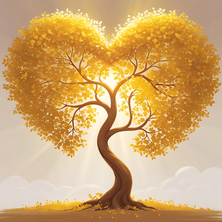 A vibrant tree with a heart-shaped crown filled with golden-yellow leaves. Sun rays pierce through the foliage, creating a luminous effect. The tree's trunk is twisted and sturdy, with visible roots spreading into the ground. The scene is set against a soft, hazy sky with subtle cloud formations.の素材