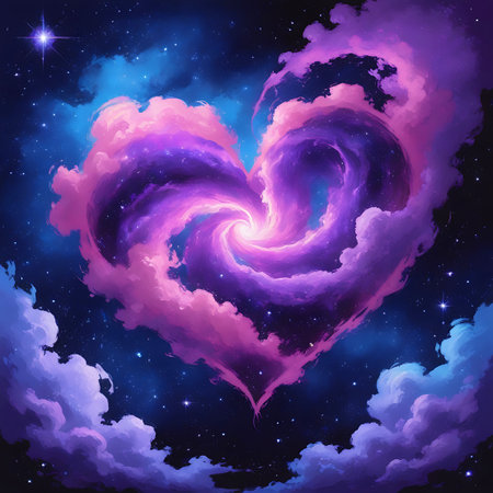 A breathtaking heart-shaped nebula dominates the frame against a backdrop of deep space filled with twinkling stars. The nebula is a swirling mass of vibrant pink and purple clouds, with a bright, luminous core. Lighter blue and white clouds frame the edges of the heart.の素材