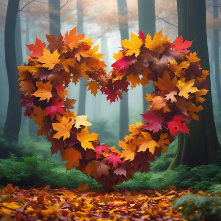 A heart-shaped arrangement made of vibrant autumn leaves in hues of red, orange, yellow, and brown is presented in a forest. The background features tall trees and a misty, diffused light, creating a serene and slightly mysterious ambiance. The ground is carpeted with fallen leaves.の素材
