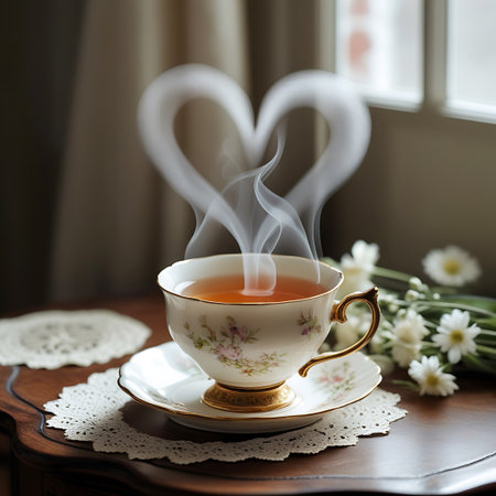 A finely crafted porcelain teacup and saucer, featuring a subtle floral pattern and elegant gold accents, rests on a polished wooden surface. The steam from the hot tea forms a distinct heart shape, conveying a sense of warmth and love. Soft, diffused light from a window creates a serene mood, complemented by a small arrangement of white flowers.の素材