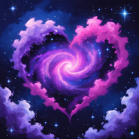 A vibrant heart-shaped nebula frames a swirling purple and blue galaxy in the deep, dark expanse of space. Numerous bright stars twinkle throughout the scene, adding to the cosmic and ethereal atmosphere. The nebula itself is a blend of pink and purple clouds, creating a romantic and dreamlike visual.の素材