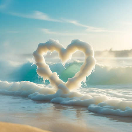 A heart shape made of white sea foam stands on a sandy beach, with dynamic ocean waves crashing and creating more foam around it. The water is a vibrant blue-green, and the sunlight reflects off the water and foam. The sky is a soft blue with hints of clouds.の素材