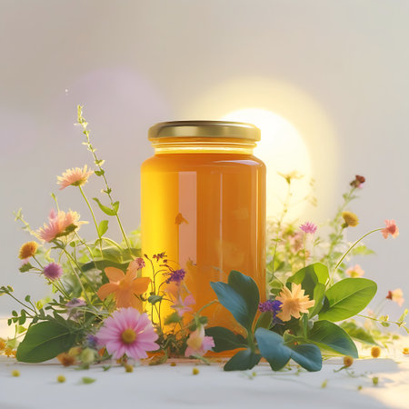 A glass jar filled with golden honey is presented amidst a vibrant arrangement of fresh flowers and green leaves. Several bees are subtly integrated into the scene, hinting at the origin of the honey. Bright sunlight streams in from the upper right, creating a luminous effect and a soft bokeh in the background.の素材