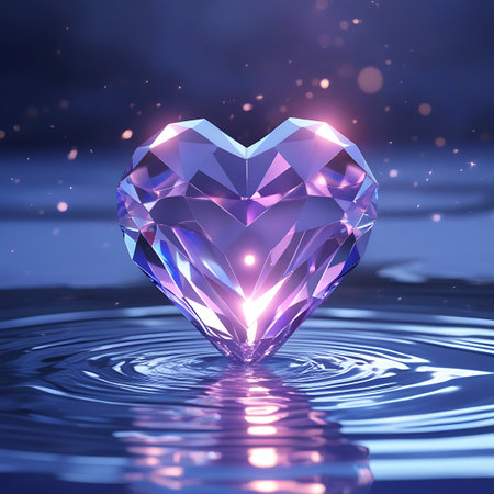 A luminous, faceted heart-shaped diamond gemstone is positioned on a rippling water surface. The crystal emits a bright glow, with reflections and subtle bokeh adding to its ethereal and magical appearance. The colors are predominantly blue, purple, and pink, creating a serene and artistic digital composition.の素材