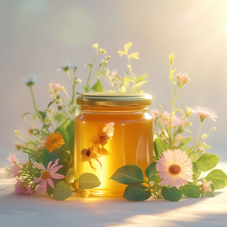 A glass jar of golden honey is depicted surrounded by a cluster of fresh flowers and green leaves. Two bees are visible near the jar, suggesting their role in honey production. The scene is bathed in soft sunlight, creating a warm and inviting atmosphere.の素材