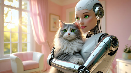 A humanoid robot with a metallic body and a human-like face gently holds a fluffy grey cat with striking green eyes. The robot's arms are wrapped around the feline, suggesting a moment of comfort and companionship. The scene is set in a softly lit room with sunlight streaming through a window, casting a warm glow. The background features pink walls, sheer curtains, and a glimpse of a chair, creating a domestic and serene atmosphere.の素材