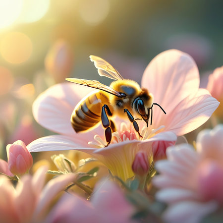 A detailed macro shot of a honeybee perched on a delicate pink flower. The bee's fuzzy body, striped abdomen, translucent wings, and slender legs are clearly visible. It appears to be collecting nectar from the flower's center. Soft, warm sunlight illuminates the scene, creating a gentle glow and a blurred bokeh background of more pink blossoms.の素材
