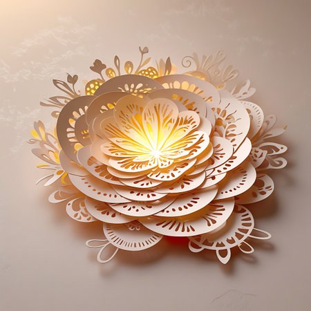 Illustration showing intricate paper flower sculpture illuminated from within keywords: paper art, papercraft, flower, floral, delicate, intricate, layered, cutout, design, craft, handmade, decoration, ornamental, bloom, blossom, petals, light, glowing, illuminated, warm, soft, elegant, artistic, creative, detailed, symmetrical, abstract, modern, unique, centerpiece, background, texture, beige, neutral, shadow, bright, yellow, orange, light source, studio, macro, close-up description: a...の素材