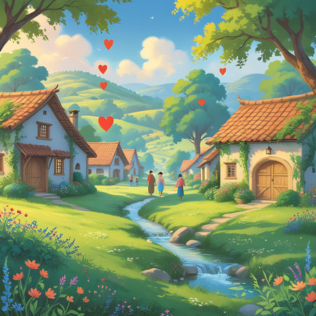 A charming village nestled in rolling green hills under a bright blue sky with fluffy clouds. Quaint houses with terracotta roofs line a winding pathway beside a babbling stream. Wildflowers bloom in abundance, and lush trees provide shade. Red hearts float in the sky, adding a touch of romance to this idyllic countryside scene.の素材