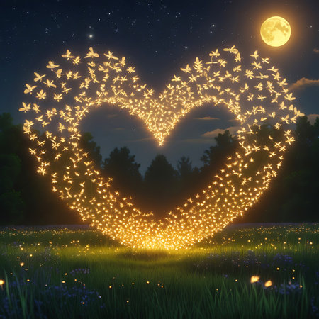 A large heart shape is formed by a swarm of glowing, golden butterflies in a dark meadow at night. The butterflies emit a bright, ethereal light, creating a magical and dreamlike effect. A large, luminous full moon hangs in the starry sky above. The meadow is dotted with small, dimly lit flowers. Silhouettes of trees are visible in the background, adding depth to the scene. The overall impression is one of enchantment and wonder.の素材