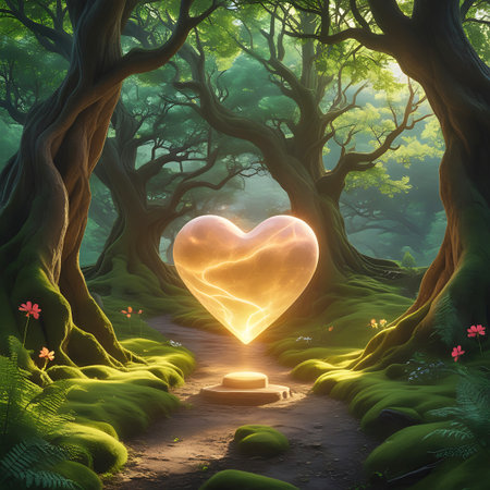 A dirt path winds through a sunlit, enchanted forest with ancient, moss-covered trees. In the center of the path, a glowing, golden heart with internal cracks rests upon a small, circular stone pedestal. The heart emits a radiant light, illuminating the surrounding moss and foliage. Small pink flowers and green ferns grow along the path's edge. The scene evokes a sense of magic, peace, and wonder.の素材