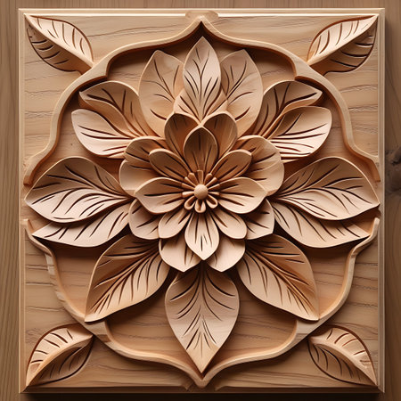 This image features a highly detailed wood carving of a stylized flower with mandala-like symmetry. The intricate design is carved into a natural wood panel, showcasing the wood grain and texture. The relief carving creates depth and shadow, highlighting the delicate petals and central stamen of the floral motif.の素材