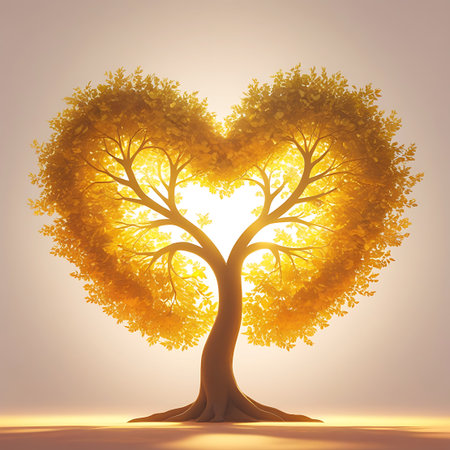 A striking tree with a heart-shaped silhouette formed by its dense, golden-yellow foliage. The leaves appear to glow from within, illuminated by an intense, bright light source behind the tree. The trunk is smooth and curved, with visible roots anchoring it to the ground. The background is a soft, bright gradient.の素材