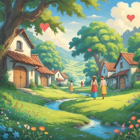 A picturesque village scene featuring rolling green hills, charming cottages with tiled roofs, and a clear stream flowing through the landscape. People are seen walking along a path, and red hearts are scattered in the sky. The scene is vibrant with wildflowers and lush trees, conveying a sense of peace and beauty.の素材
