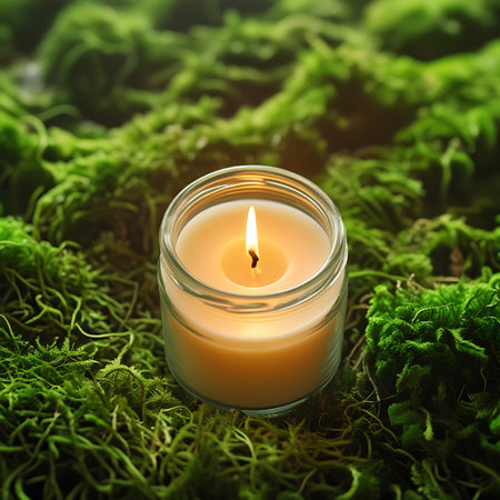 A lit candle in a clear glass jar sits nestled amongst vibrant green moss. The candle emits a warm, soft glow, illuminating the wax within and casting a gentle light on the surrounding natural textures of the moss. The focus is on the candle and its immediate environment, creating a sense of tranquility and natural beauty.の素材