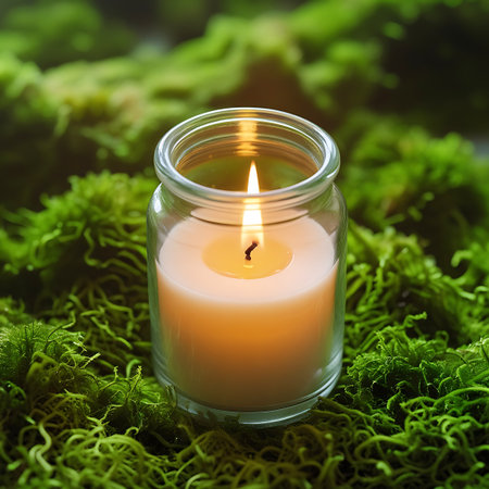 A lit candle in a glass jar is the focal point, surrounded by a rich tapestry of green moss. The flame casts a warm, inviting glow, contrasting with the cool, natural tones of the moss. The detailed textures of the moss and the subtle light play create a serene and grounding visual experience.の素材