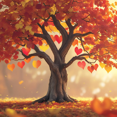 A mature tree displays a canopy of heart-shaped leaves in rich autumn colors of orange, red, and yellow. More heart-shaped leaves are scattered on the ground beneath the tree, illuminated by warm, soft sunlight that creates a gentle bokeh effect. The scene evokes a feeling of love and the beauty of the fall season.の素材