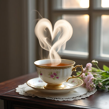 A vintage-style porcelain teacup and saucer, adorned with a delicate pink floral design and gold trim, is presented on a wooden table. Heart-shaped steam gracefully rises from the hot tea, symbolizing warmth and affection. The scene is bathed in soft light from a window, with a bouquet of pink flowers adding to the gentle and inviting ambiance.の素材