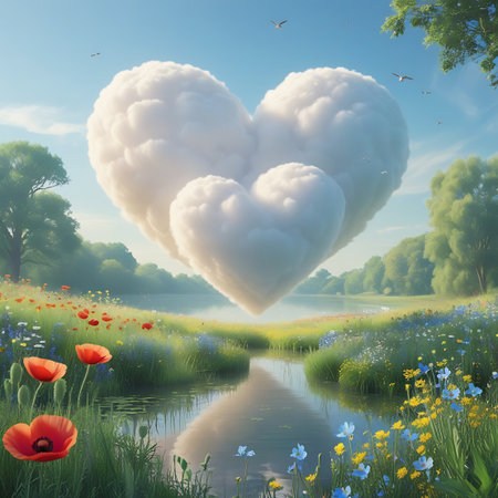 Two large white heart-shaped clouds float in a clear blue sky above a picturesque landscape. A calm body of water reflects the sky and surrounding greenery. The foreground is a vibrant meadow filled with red poppies and various wildflowers. Trees line the distant horizon, creating a peaceful and romantic scene.の素材