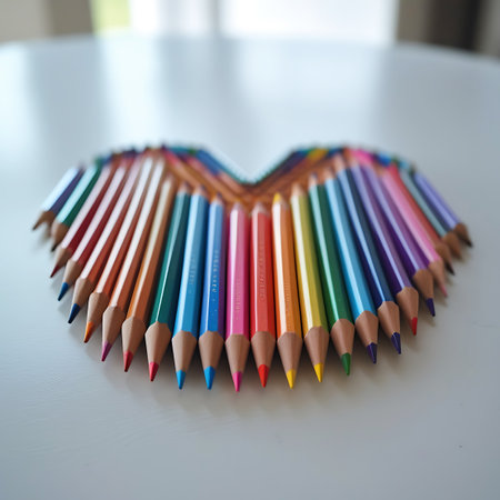 A collection of colored pencils arranged in the shape of a heart on a white surface. The pencils are fanned out, with their sharpened tips pointing inwards towards the center of the heart. The background is softly blurred, creating a gentle focus on the colorful pencils.の素材