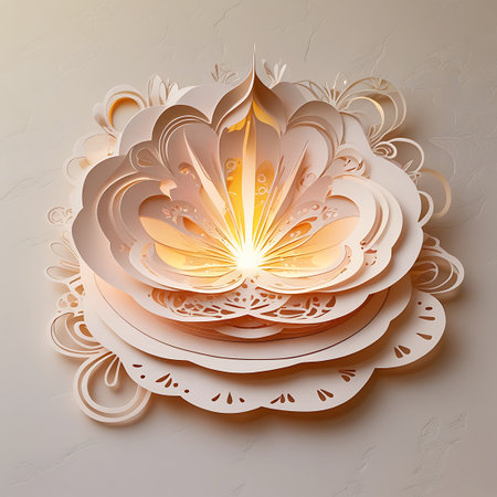An intricately crafted layered paper flower with a soft, warm glow emanating from its center. The petals are cut with delicate filigree patterns, adding to the ornamental detail. The flower is composed of multiple circular layers, creating a sense of depth and dimension against a textured background.の素材