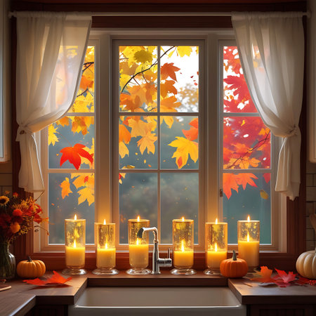 A beautifully lit autumn window display features six glowing candles in glass jars arranged on a windowsill. Outside the window, a vibrant tapestry of red, orange, and yellow autumn leaves is visible, suggesting a crisp fall day. Cream curtains frame the window, and a kitchen faucet is positioned in front of the candles, adding an unexpected element.の素材