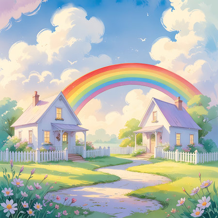 Two charming white houses with colorful roofs are nestled in a vibrant green landscape under a bright rainbow. A winding path leads through a meadow dotted with flowers and bordered by a white picket fence. Trees frame the scene, and fluffy clouds drift in the blue sky.の素材
