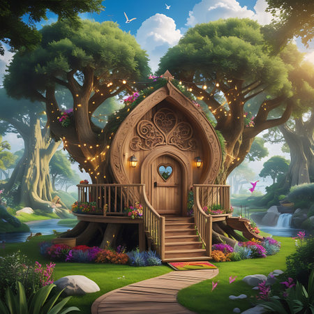 A charming treehouse, shaped like a teardrop, is nestled within a sunlit, enchanted forest. The structure is made of wood with detailed carvings and features a heart-shaped window on the door. A wooden staircase leads up to a small balcony adorned with flowers. String lights and lanterns illuminate the scene, creating a magical ambiance. The surrounding forest is lush with large, ancient trees, vibrant flowers, and a flowing stream with a waterfall. A winding wooden path leads towards the...の素材