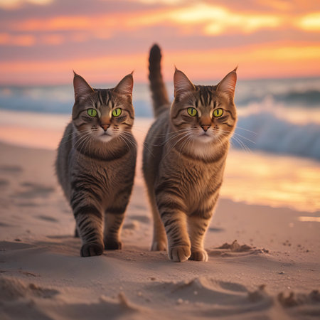 Two tabby cats with piercing green eyes stand on a sandy beach as the sun sets over the ocean. The sky is painted with vibrant shades of orange and pink, and the gentle waves of the sea create a soft backdrop. The cats are positioned closely together, facing the camera, with one cat's tail held high, adding a dynamic element to the serene beach scene.の素材