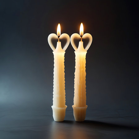 Two tall, slender white wax candles, each topped with a heart shape, are lit and burning. The candles have a distinctly textured surface, resembling ribbed patterns. They stand on a dark, smooth surface, with a dark, slightly blurred background, emphasizing the candles as the central focus.の素材