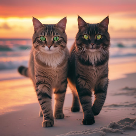 Two tabby cats with striking green eyes are walking side-by-side on a sandy beach. The setting sun casts a warm, colorful glow across the sky and reflects on the gentle waves of the ocean. The cats are focused forward, their fur detailed against the soft sand and blurred background of the sea.の素材