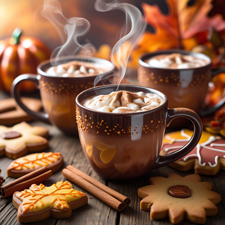 A close-up view of three mugs filled with steaming hot chocolate, topped with whipped cream and cinnamon. The mugs are placed on a wooden table surrounded by autumn-themed cookies in leaf and flower shapes, and cinnamon sticks. In the background, blurred elements of fall foliage and pumpkins enhance the seasonal atmosphere.の素材