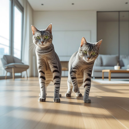 Two grey tabby cats with striking green eyes are walking forward on a polished wooden floor inside a room. Sunlight streams in, casting shadows and highlighting their striped fur. The cats appear alert and are looking directly at the viewer. The background shows hints of indoor furniture, including a sofa and a chair, suggesting a domestic setting.の素材