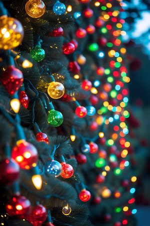 This image presents a close-up perspective of a dense arrangement of colorful Christmas lights woven through the dark green branches of an evergreen tree. The lights, including red, green, blue, yellow, and orange hues, are brightly illuminated. The foreground lights are sharp, while the background dissolves into a soft, luminous bokeh of warm colors, creating a festive and magical atmosphere.の素材