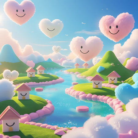 A fantastical landscape unfolds with rolling green hills, a sparkling blue river, and charming houses with smiling faces. Fluffy, heart-shaped clouds with smiley faces float in the bright blue sky. The scene is filled with soft pink and white accents, creating a cheerful and idyllic atmosphere.の素材