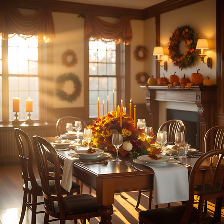 A warmly lit dining table is set for an intimate autumn gathering, with sunlight casting long shadows across the room. The table is adorned with elegant place settings, a vibrant centerpiece of fall flowers and leaves, and numerous lit candles. A fireplace with seasonal decorations, including a wreath and pumpkins, contributes to the cozy and inviting atmosphere of this traditional dining space.の素材