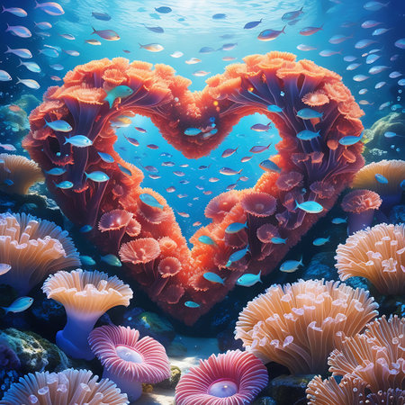 A large, heart-shaped coral structure dominates the underwater view, surrounded by a variety of colorful marine life. Schools of small fish, in shades of blue and yellow, swim around the coral. In the foreground and around the heart, there are numerous brightly colored anemones and other coral formations, adding to the rich biodiversity of the scene. Sunlight streams down from above, illuminating the clear blue water.の素材