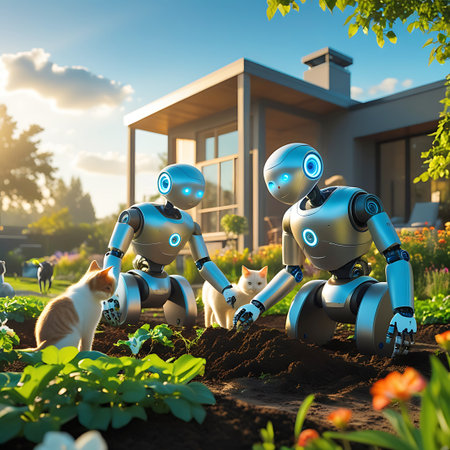 Two sleek, silver robots with glowing blue eyes are tending to a garden. One robot is holding a small plant, while the other is reaching towards the soil. Two cats, one orange and white and the other white, are interacting with the robots in the foreground. The scene is set in a lush, green garden with colorful flowers and a modern house in the background under a bright, sunny sky with scattered clouds.の素材