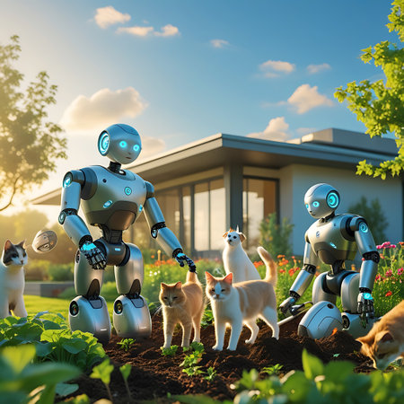 Two silver humanoid robots with blue glowing accents are tending to a garden bed in front of a modern house. Several cats and a small white dog are present in the garden, interacting with the robots and the plants. One robot is holding a small plant, while the other appears to be digging in the soil. The scene is set outdoors during the daytime, with trees and flowers in the background.の素材